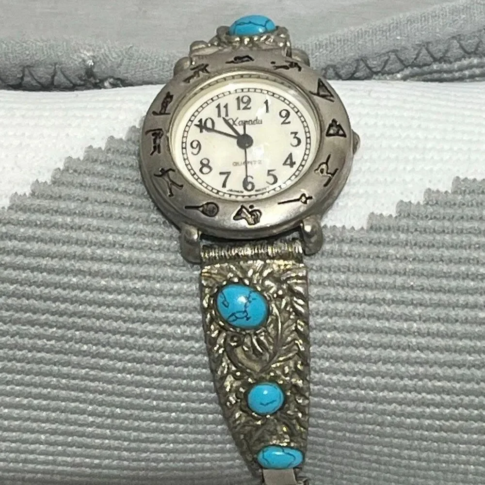 Vintage Xanadu Women's Silver Blue Faux Turquoise‎ Elastic Band Quartz Southwest